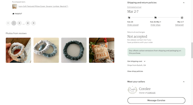 Etsy product page - returns not accepted Etsy vendors get to dictate whether returns or exchanges are accepted. On this example product page, the “Shipping and return policies” sidebar says “Returns & exchanges Not accepted - But please contact me if you have problems with your order”.
