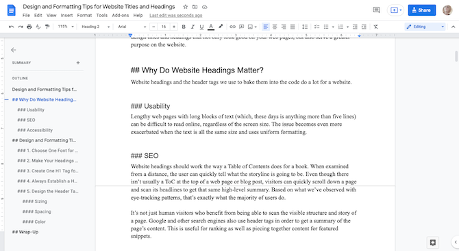 Google Docs Outline feature In Google Docs, a user has activated the Document Outline sidebar. It opens to the left of the document and reveals the heading structure of the content written on the page.