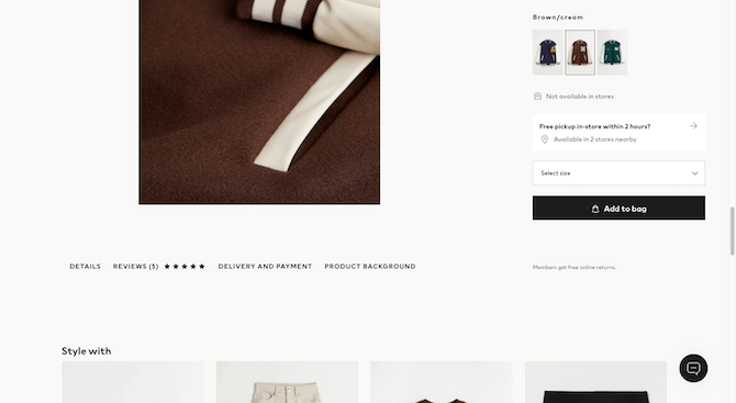 H&M product page Delivery and Payment On the H&M website, just beneath the product photos, is a row of links for “Details”, “Reviews” (with a star rating), “Delivery and Payment”, and “Product Background”.