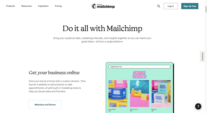 Mailchimp homepage There’s a section on the Mailchimp homepage with a header that reads “Do it all with Mailchimp”. It’s followed by a single sentence paragraph and then a left-aligned paragraph that describes how to “Get your business online” with a companion image of a seafoam green webpage on the right.