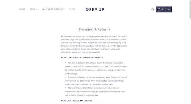 Qeep Up Shipping & Returns page The Qeep Up website details its “Shipping & Returns” policy on a dedicated page where it answers questions like “How Long Until My Order Is Shipped?” and “How Can I Track My Order?”