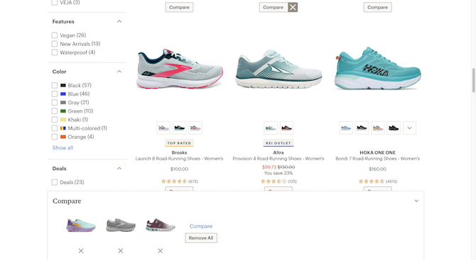 REI product compare tool In the REI product search results page, shoppers are able to add products to a “Compare” tool. In this example, three running sneakers made by Brooks, Altra, and HOKA ONE ONE are shown. Beneath each product is a “Compare” button that adds the product to the Compare bar at the bottom.