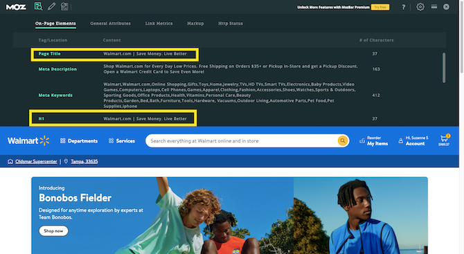 Walmart and MozBar browser extension The MozBar extension for Google Chrome appears above the Walmart home page. The user has opened the data related to “On-Page Elements” and highlighted the Page Title and H1 which both read: “Walmart.com | Save Money. Live Better”.