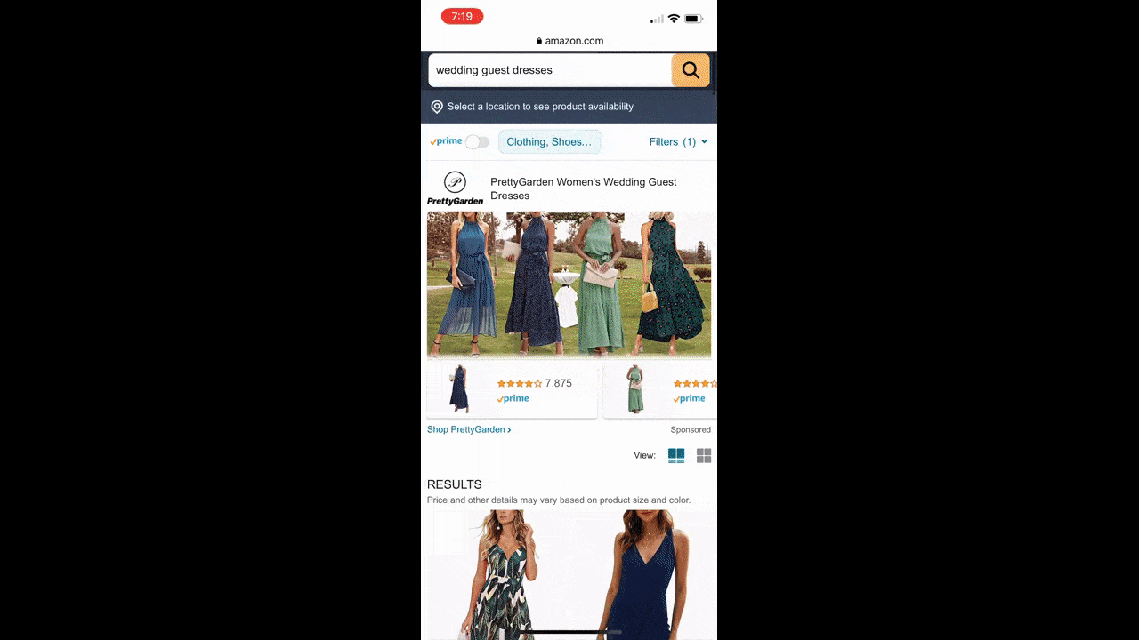 Amazon search results GIF A GIF shows a user scrolling down an Amazon search results page for “wedding guest dresses”. At the top of the page is an image banner for a brand called PrettyGarden. Below that section are rectangular product boxes with wedding guests dresses made by a variety of vendors that match the search query.