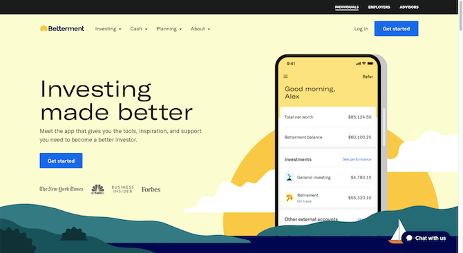 Betterment home page The hero image for the Betterment website has large header text that reads “Investing made better” next to a tall smartphone greeting the user with “Good morning, Alex” on the screen.