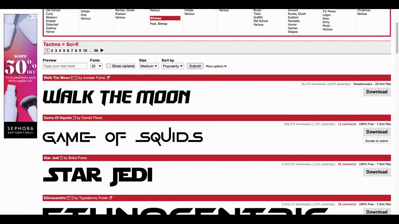 dafont.com futuristic fonts A GIF shows the search results page for 'techno futuristic fonts' on the dafont.com website. There are examples like Ethnocentric, Batman Forever, Space Age, Back to the Future, and more
