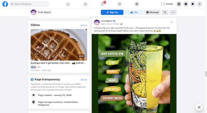 First Watch Facebook page The business page for First Watch on Facebook. On the left, we see a video graphic with the caption “Sundays don’t get better than this.” and a picture of a waffle with powdered sugar above it. On the right is a post showing off the ingredients of the Pineapple Express drink. We see a hand holding a glass with yellow liquid. On the other side of the glass is an illustration that shows off each ingredient: Mint Crystal Rim, Lime, Orange, Agave, Pineapple, and Coconut Water.