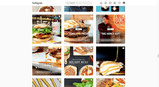 First Watch Instagram feed A screenshot of First Watch’s Instagram page feed. There are four posts with labels on top of them. The one in the center-bottom says “Introducing Our Holiday Menu” with photos of new menu items surrounding it. The next three posts are video previews — Part 1 is “Honey, Spice & Everything Nice”, Part 2 is “The Honest Guy”, and Part 3 is “Yeah, It’s Fresh”.