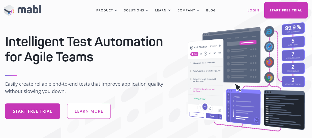 mabl mabl header: Intelligent Test Automation for Agile TeamsEasily create reliable end-to-end tests that improve application quality without slowing you down.