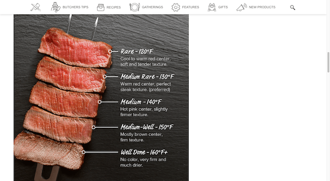 Omaha Steaks blog image A blog post image on the Omaha Steaks blog shows off five slices of steak. Each slice has been cooked at a different temperature. The bright-red slice is Rare - 120 degrees Fahrenheit; the red slice is Medium-Rare at 130 degrees; the pink slice is Medium at 140 degrees; the light pink is Medium-Well at 150 degrees; and the mostly brown slice is Well Done at 160 degrees.