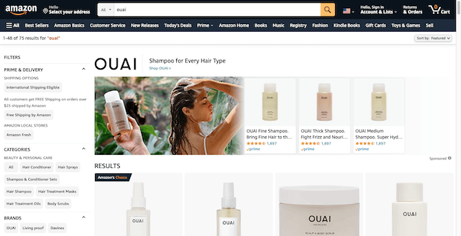 OUAI promotional banner Amazon In Amazon search results for the brand “OUAI”, a wide promotional banner appears beside the company’s products. The banner shows someone holding one of OUAI’s shampoo bottles against a jungle backdrop. Beside it is an image of a tanned woman shampooing her long brown hair.