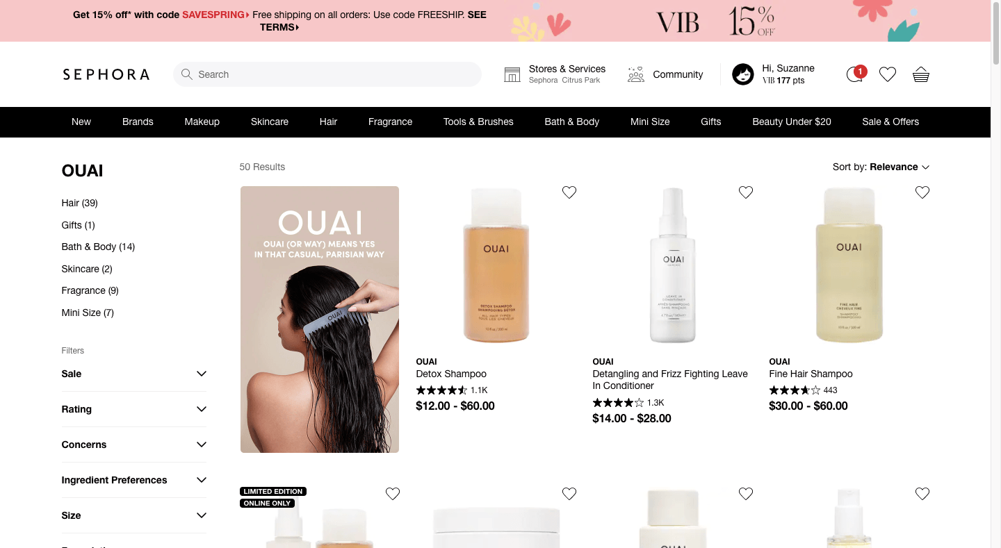 OUAI promotional banner Sephora In Sephora search results for the brand “OUAI”, a tall promotional banner appears beside the company’s products. The banner has a beige colored background and a model running a comb through her long dark hair. The text reads: “OUAI: OUAI (or way) means yes in that casual, Parisian way”.