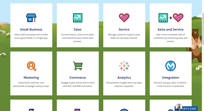 Salesforce pricing page desktop On the Salesforce website, a desktop user will see rows of white blocks promoting the company’s various pricing plans: Small Business, Sales, Service, Sales and Service, Marketing, Commerce, Analytics, Integration, and more. Each box has a color icon and a sentence describing the plan.