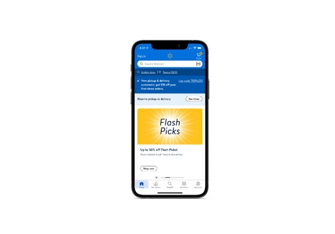 Walmart mobile app A screenshot of the Walmart mobile app demonstrates how the main navigation is in the bottom area of the UI. There are links for Shop, My Items, Search, Services, and Account.