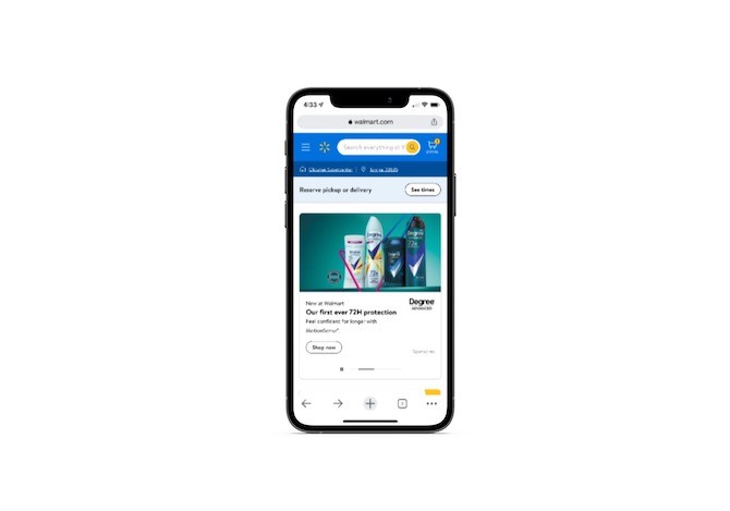 Walmart mobile site A screenshot of the Walmart.com mobile website home page. There’s a bright blue header bar at the top with a white hamburger menu icon on the left, followed by the yellow Walmart star-shaped logo, a big white search bar that says “Search everything at W”, as well as a white shopping cart icon.