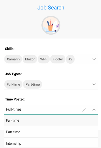 .NET MAUI ComboBox Control .NET MAUI ComboBox Control showing a job search with fields for skills, job types, time posted