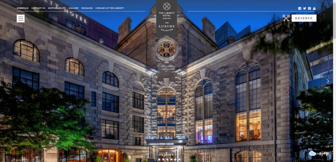 Liberty Hotel website A screenshot from the top of the home page for the Liberty Hotel website. The background image is from the entrance to the hotel. There are subtle nods to its history — like the icon of the two keys crossed over one another in the top-right corner next to the “Reserve” button.
