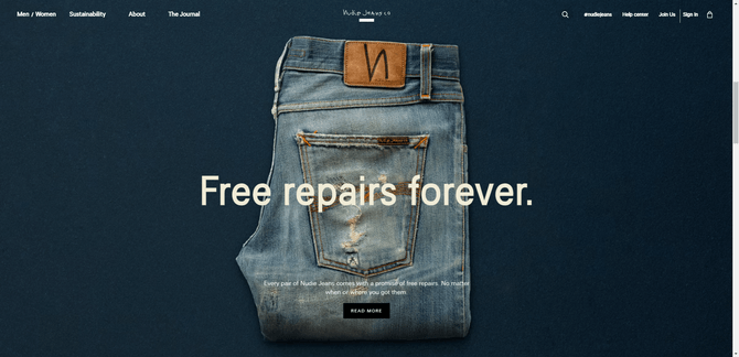 Nudie Jeans website A screenshot from the home page of the Nudie Jeans website. There’s a dark, dusty-blue background with a pair of faded and ripped jeans in front of it and the words “Free repairs forever”.