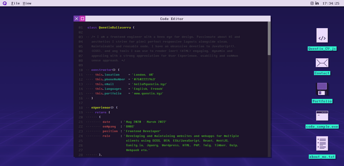 Quentin Dallaserra website A screenshot from the website for Quentin Dallaserra. It looks like a computer screen from the ‘80s or ‘90s. Each of the “pages” for Quentin_CV.js, Contact, Portfolio, code_sample.exe, or about_me.txt are accompanied by old school icons. When opened, a command line interface appears in the center of the screen.