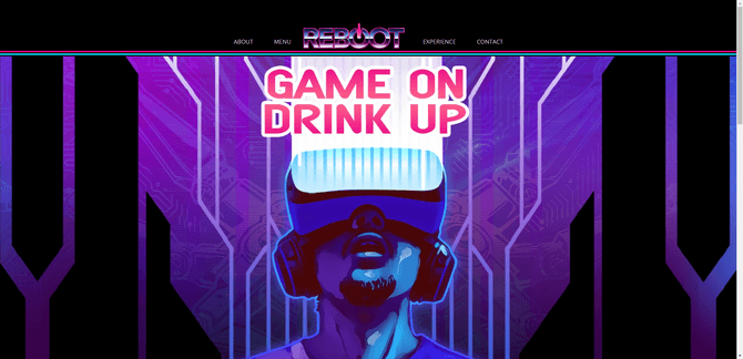 Reboot Dunedin website A screenshot of the hero image on the Reboot Dunedin arcade website. The background graphic is a trippy ‘80s-inspired illustration with black, neon purple, and some gradients and textures. In front of the background is a man with a goatee wearing a VR headset looking up at the words “GAME ON, DRINK UP”.
