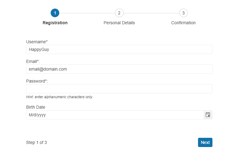 Telerik-Blazor-Difficult-Tasks-Intro-01-Wizard The first page of a three part wizard for registering users. The first page has a form for entering information about a user. Across the top is a list of the steps (step 1: Registration, step 2: Personal Details, step 3: Conformation. There is a Next button in the lower right hand corner.