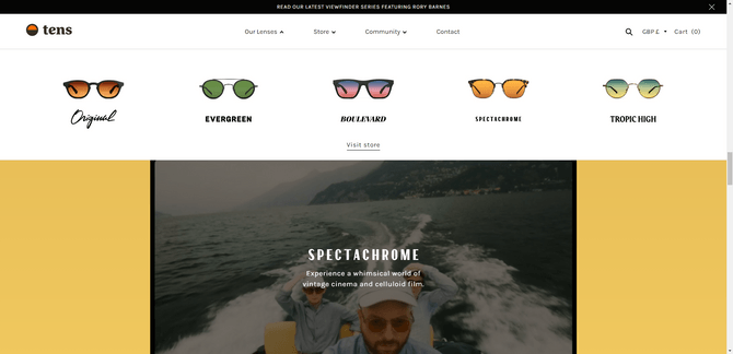 Tens Sunglasses website A screenshot of the Tens Sunglasses home page with the “Our Lenses” navigation menu open. It shows five sunglasses products: Original has rectangular black frames and a reddish-yellowish lens. Evergreen has circular metallic frames and green lenses. Boulevard has black square frames and a blue-pink gradient lens. Spectachrome has a rectangular metal frame with yellowish lens. Topric High has semi-circular metallic frames with a blue-yellow gradient lens.