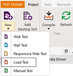 Adding-a-Load-Test The Test Studio menu bar with the Project tab selected. The first icon, labeled “New” has a dropdown arrow below that has been clicked to show a list of options. The Load Test option has been selected.