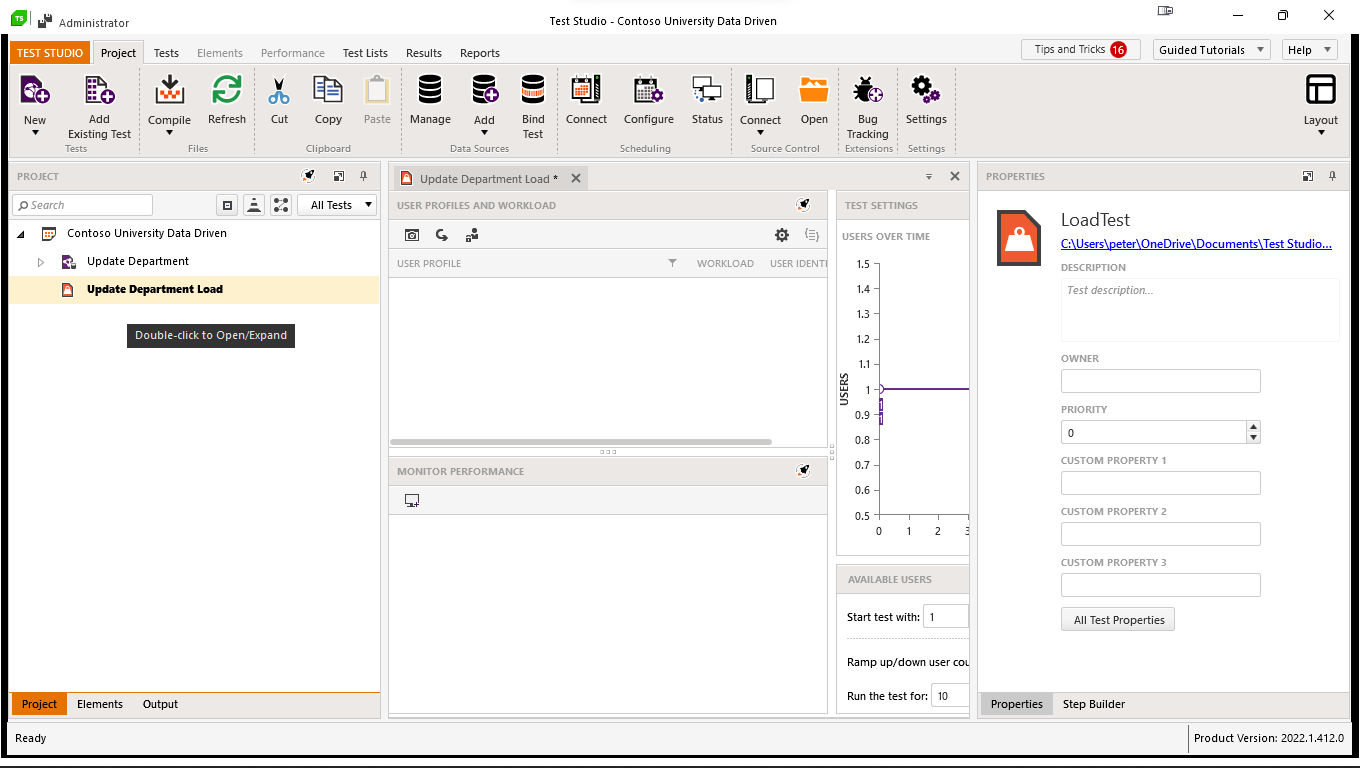 New-Load-Test The Test Studio main screen, roughly divided into three columns. The Project window on the left shows two tests – the one called Update Department Load is highlighted. On the right a pane labeled LoadTest with textboxes for holding information about the test (e.g., Owner, Priority) covers some panes below it.
