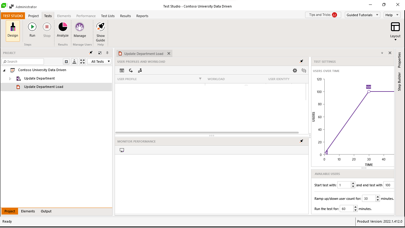 Open-Load-Test The same view of Test Studio has before but the panes on the right side of Test Studio have been closed to give more room for the User Profiles pane. To the right of the User Profiles pane are two panes stacked above each other called Test Settings and, below it, Available Users
