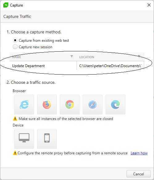 Select-Existing-Script The Capture Traffic dialog. In Step 1 the Capture from existing web test option is selected. A list of web tests is displayed below step 1, showing a test named Update Department. Step 3 with its Stop Recording button is no longer displayed in the dialog.