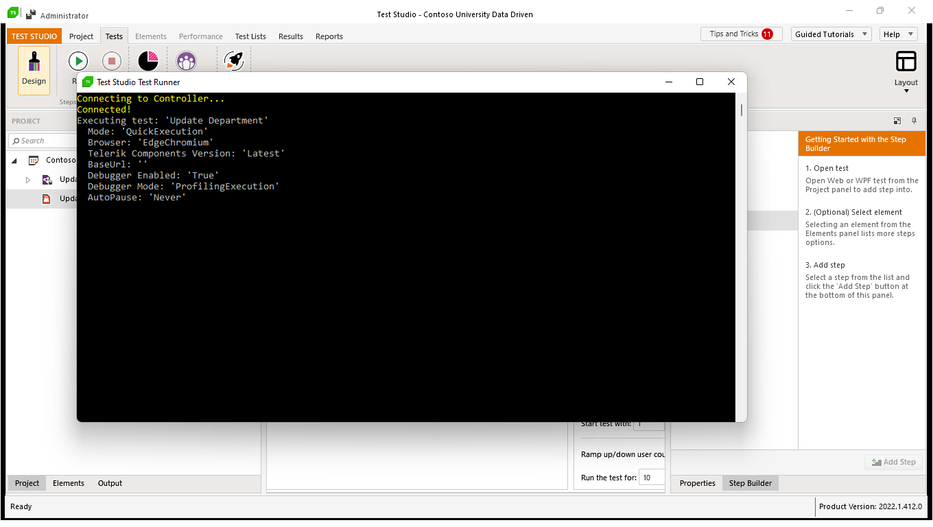 Profile-From-Script The Test Studio window with a command window overlaying it. The command window is displaying a list of messages beginning “Connecting to Controller! Connected. Executing test: “Update Department.” This is followed by information about the test.