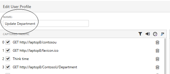Edit-User-Profile-Step The upper left corner of the Edit User Profile dialog box containing a textbox labeled name. The textbox contains the text Update Department. The textbox and its label are circled. Below the name textbox is a list of steps numbered 0 to 3 (the list has been cut off after step 3). The first three entries in the list are “GET” followed up a URL for a site’s web page, “GET” followed by the URL for a graphic on the page, and an entry labeled “Think time.”