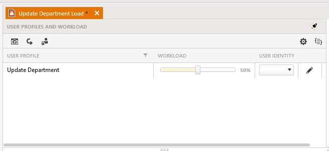 Setting-Workloads The User Profile pane showing a single user profile. The pane has fourth columns. The first column has the name of the test (“Update Department”); the second column – labelled Workload – has a slider that goes from 0% to 100%; The third column – labeled User Identity – has an empty dropdown list; The fourth unlabelled column has a pencil/edit icon.