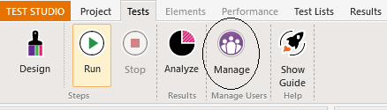 Manage-Execution-Servers The Test Studio menu with the Tests tab selected. The second last icon, labelled Manage, is circled.