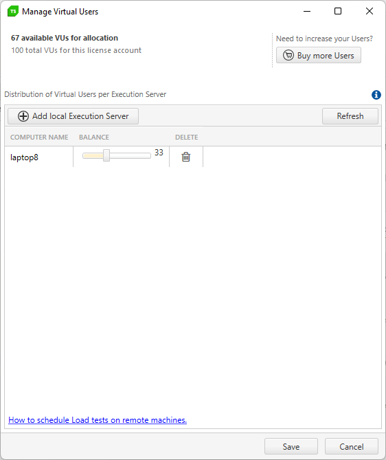 Manage-Virtual-Users The Manage Virtual Users dialog. The dialog lists a single computer with a slider set to 33. At the top of the dialog it reads “67 available VUs for allocation. 100 total VUs for this license account”