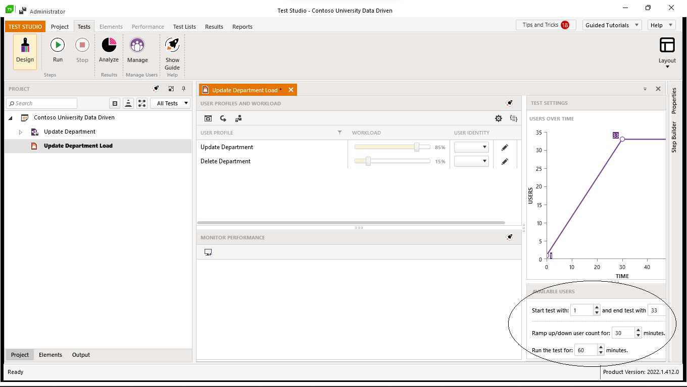 Setting-Available-Users The Test Studio Screen with the User Profile pane showing two user profiles (Update Department and Delete Department. The Available Users pane in the lower right corner is circled.