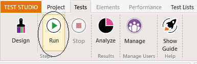 Run-Button Test Studio’s menu with the Tests tab selected. The second icon from the left (a green VCR run button labelled Run) is circled.