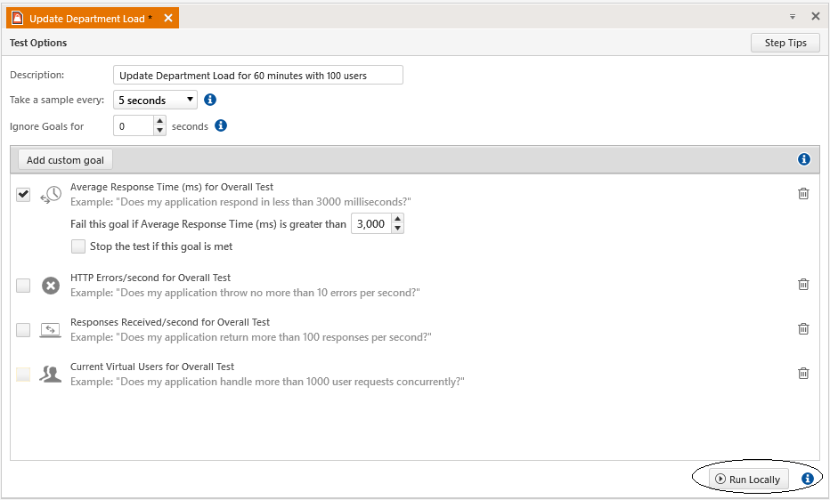 Setting-Test-Options The Test Options dialog. The first of four options has been selected (Average Response Time (ms) for Overall Test) has been selected, causes the option to expand. The Fail this goal if the Average Response Time (ms) is greater than option has been set to 3,000 milliseconds.