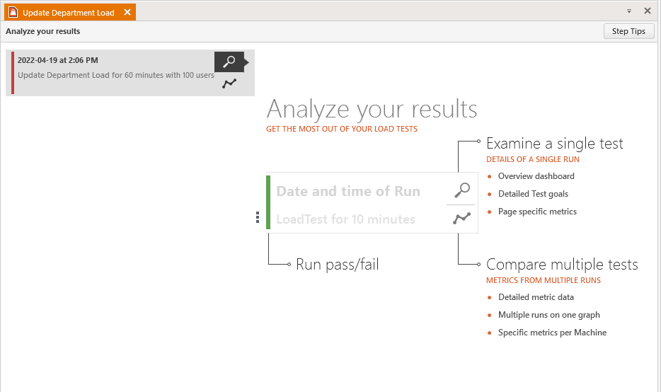 Analyze Results The Analyze your results pane showing the two primary options: Examining a single test and Compare multiple tests.