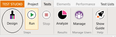 Design-Button The Test Studio menu with the Tests tab selected. The first icon (a paint brush) labeled Design is circled.