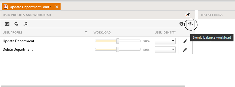 Setting-Multiple-Workloads The User Profiles pane showing two projects. The Workload sliders for each project are set at 50%. The Evenly balance workload icon at the right end of the pane’s toolbar is circled. A tooltip for the icon reads “Evenly balance workload”