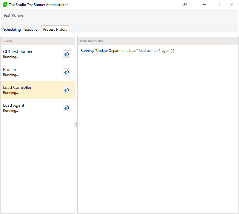 Checking-Remote-Computer The Test Studio Test Runner Administrator dialog showing the Process History tab. On the tab, the third entry – Load Controller – has a status of “Running” below its name. In the Ping Response pane on the right a message reads “Running ‘Update Department load’ test on 1 agents(s).