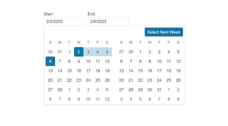 DateRangePicker - Custom content with template DateRangePicker has start and end dates in text boxes and a calendar view with the date range highlighted. There's a button for Select Next Week