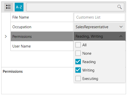 FlagEnumEditor FlagEnumEditor - a menu popped out from Permissions has Reading, Writing expanded, with All, None, Reading (checked), Writing (checked), Executing checkboxes