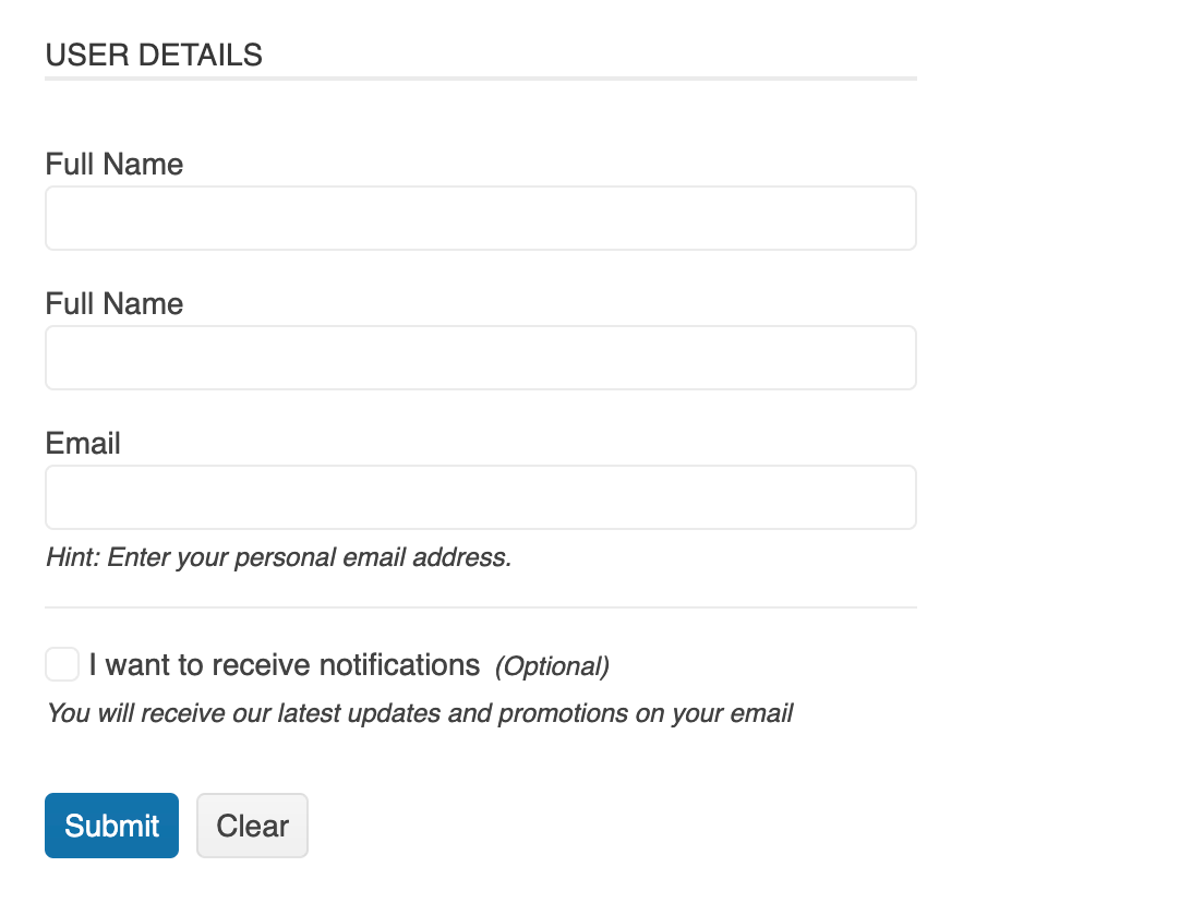 group-related-form-content-user-details User details form includes a spot for email, with a hint that it means personal email address, and these are closely grouped. A line separates the name and email fields from an opt-in for receiving notifications