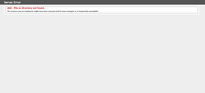 Server Error page A user encounters a non-existent page on a website and a gray page appears with a header reading “Server Error”. There is a simple message in a white box beneath it: “404 - File or directory not found. The resource you are looking for might have been removed, had its name changes, or is temporarily unavailable.”