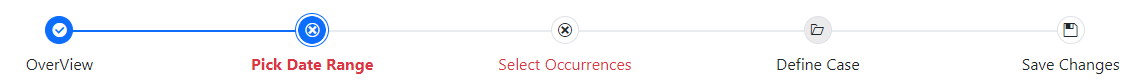 Error A screen shot of five circles joined by a line. The second and third icons have X icons inside the circles and the captions under the circle are displayed in red. The second step has a double circle, a blue background, and its text is not only in red but also in boldface.