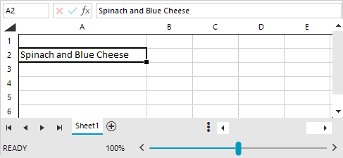 Text wrap in RadSpreadsheet A column is reduced, and 'Spinach and bleu cheese' responsively wraps and makes the row height taller.