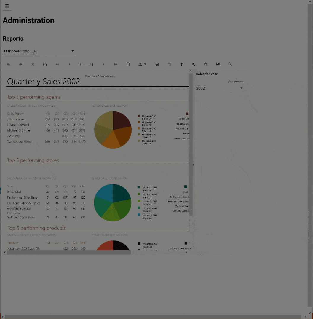 Blazor Report Viewer Blazor Report Viewer gif shows user browsing different reports – dashboard, employee sales, invoices