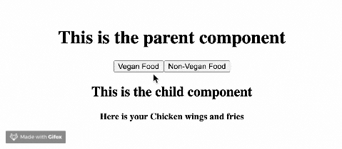 child-dom When the vegan button is pushed, the display says 'here is your vegan salad.' When the non-vegan button is pushed, the displays 'here is your chicken wings and fries'